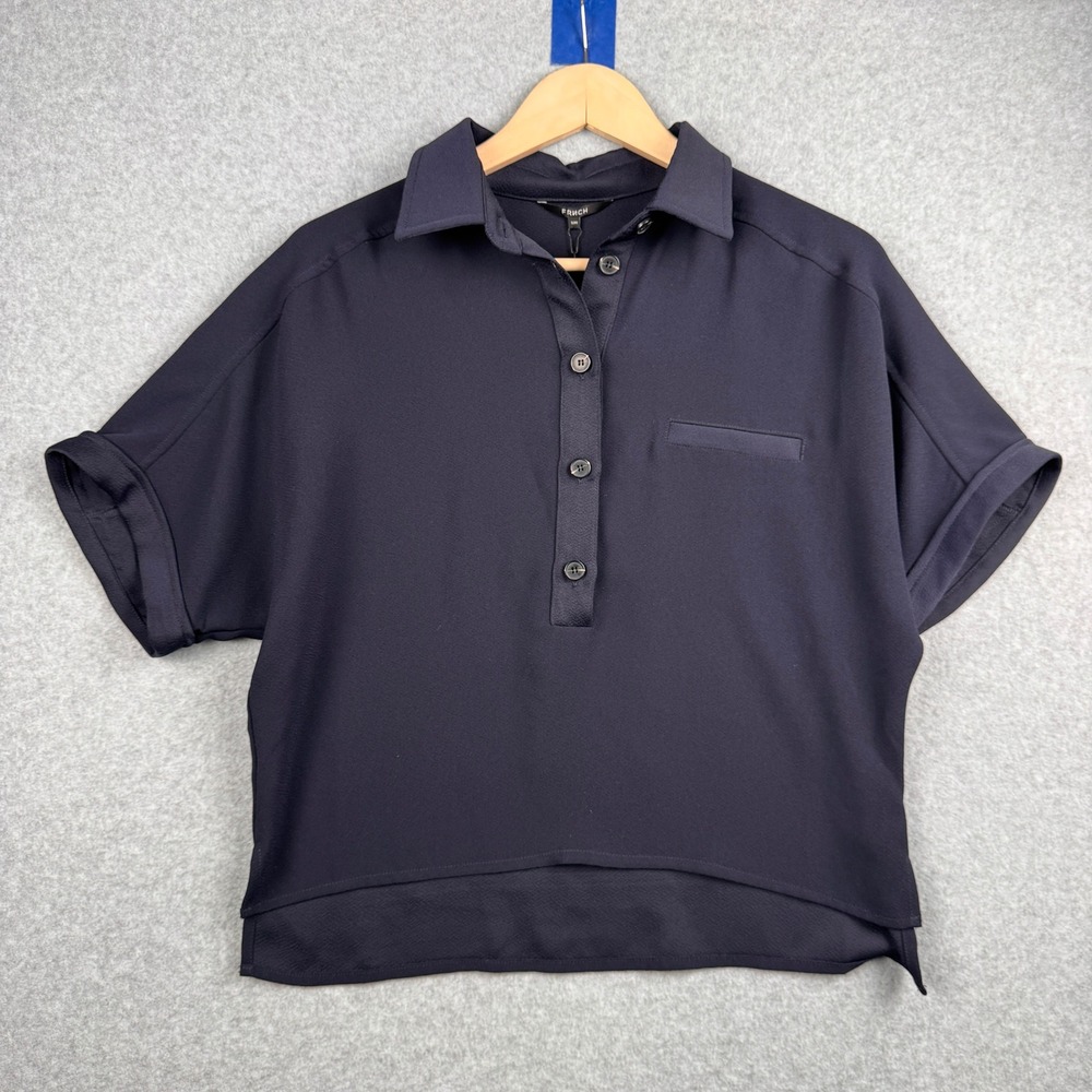 FRNCH Paris Top Womens S/M Navy Blue Catia Short Sleeve Boxy Popover F9427 NEW